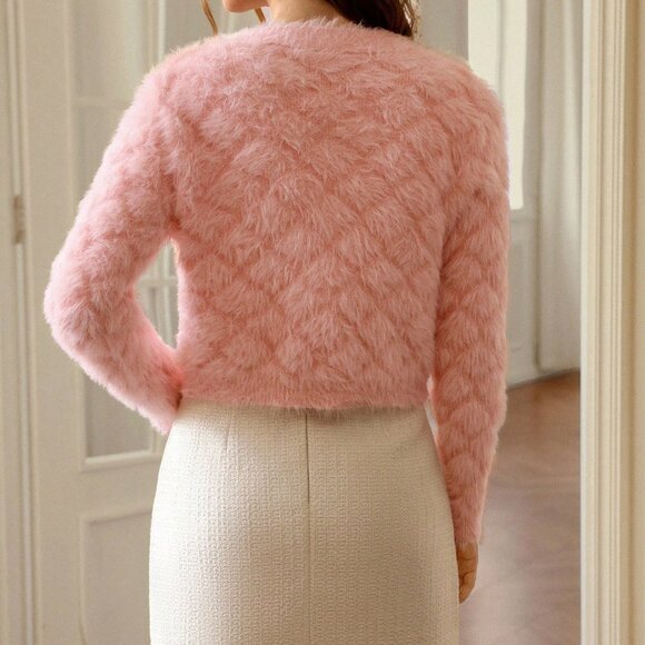 Pink Casual Women's Studded detailed fuzzy button down sweater Cardigan - Picture 2 of 6